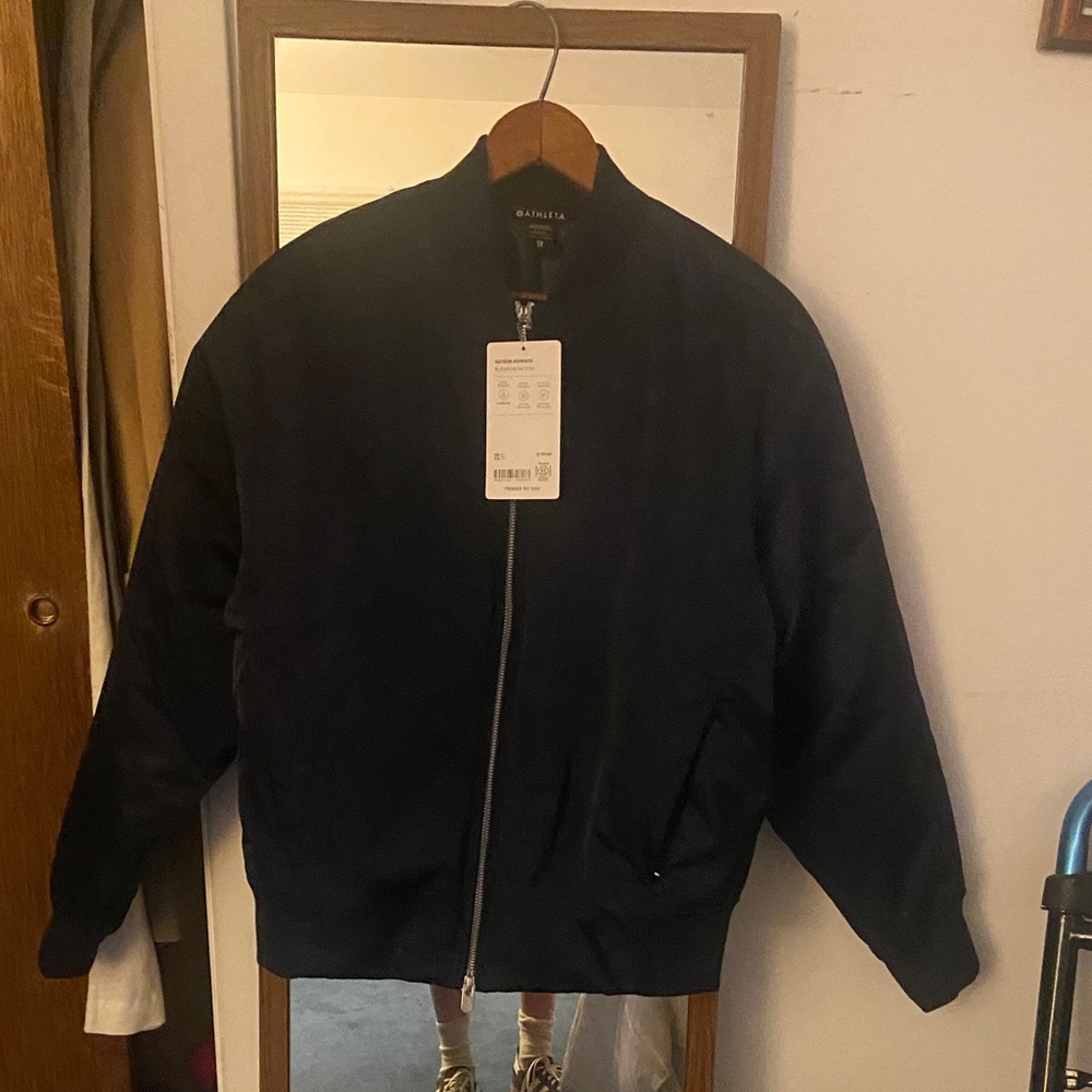Athleta Midnight Blue  sateen Bomber Jacket size extra small
